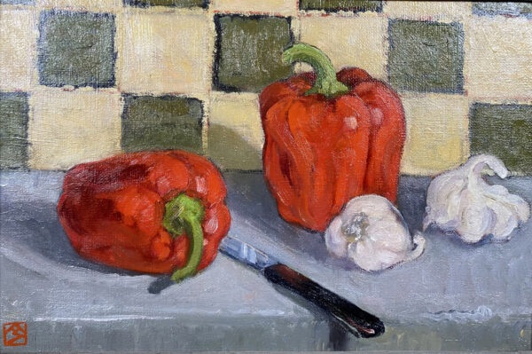 “Nature morte aux poivrons rouges”, Huile sur toile